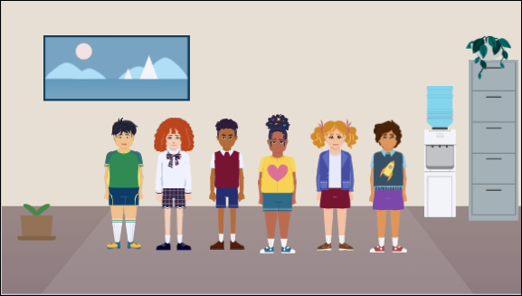 Storybook-style office content and child characters